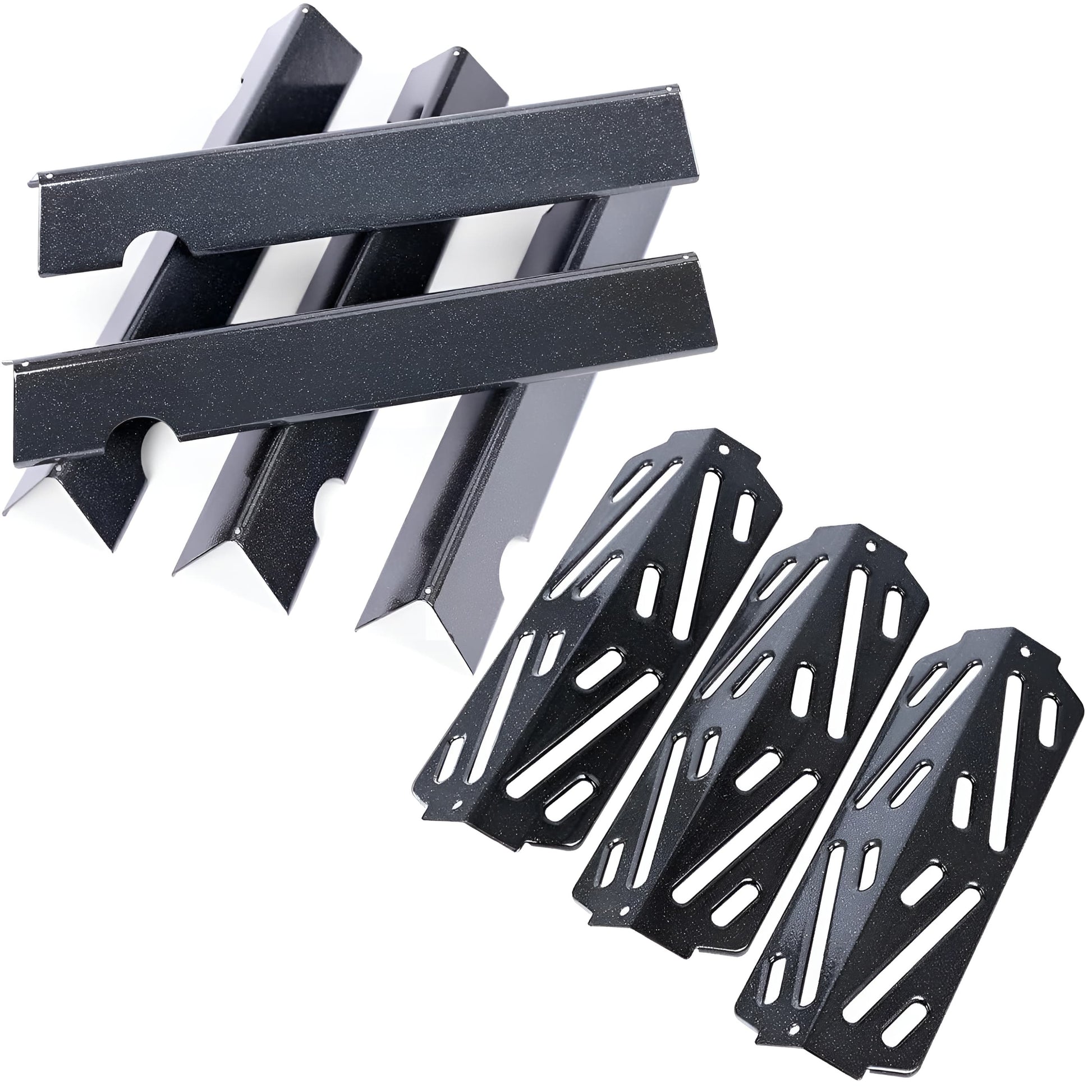 Porcelain 5-pack flavorizer bars and 3-pack heat deflectors replacing Weber 66032/66040 for Genesis II 300 gas grills.
