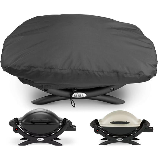Heavy-duty 600D waterproof BBQ grill cover with drawstring for Weber Q100/Q1000 series gas grills.