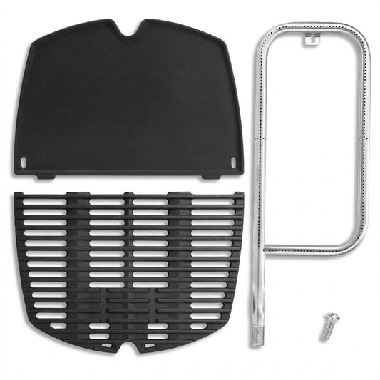 Cast iron grate, griddle plate, and stainless steel burner set replacing Weber 7645/6559/60041 for Q200 & Q2000 grills.