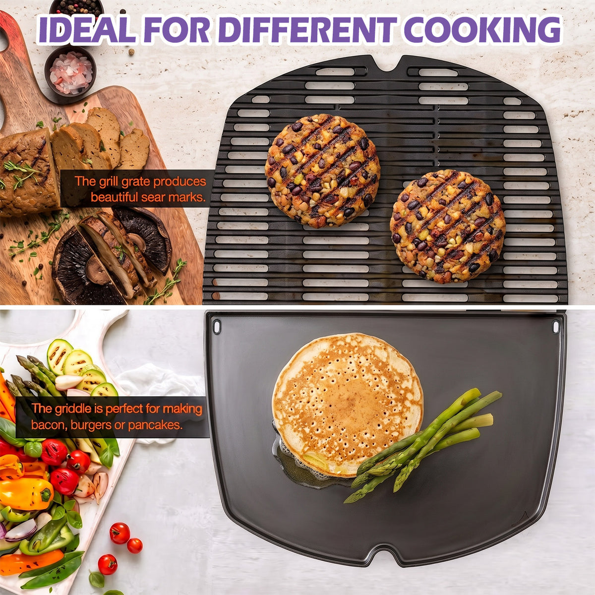 Replacement Cast Iron Grill Grate & Grill Griddle Set for Weber Q300, Q320, Q3000, Q3100, Q3200 Series (Pre-2023) –  Replaces Weber 7646, 6506