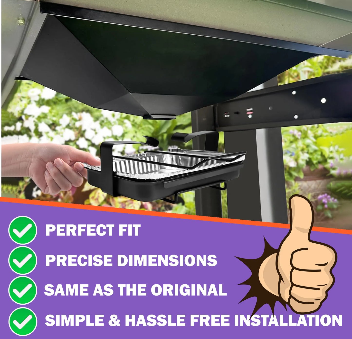 Installed view of the Weber 99251 grease tray and catch pan holder assembly showing a perfect, tool-free fit under the grill firebox.