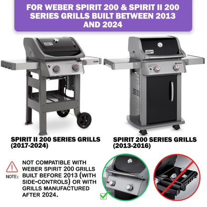 Compatibility chart for 7637 stainless steel grill grates, indicating fit for Weber Spirit E-215, Classic E-210, Spirit II E-220, Spirit II E-210, Spirit E-210, Spirit S-210, and Spirit E-220 with front-mounted controls. Clarifies incompatibility with side-control Spirit 200 grills.
