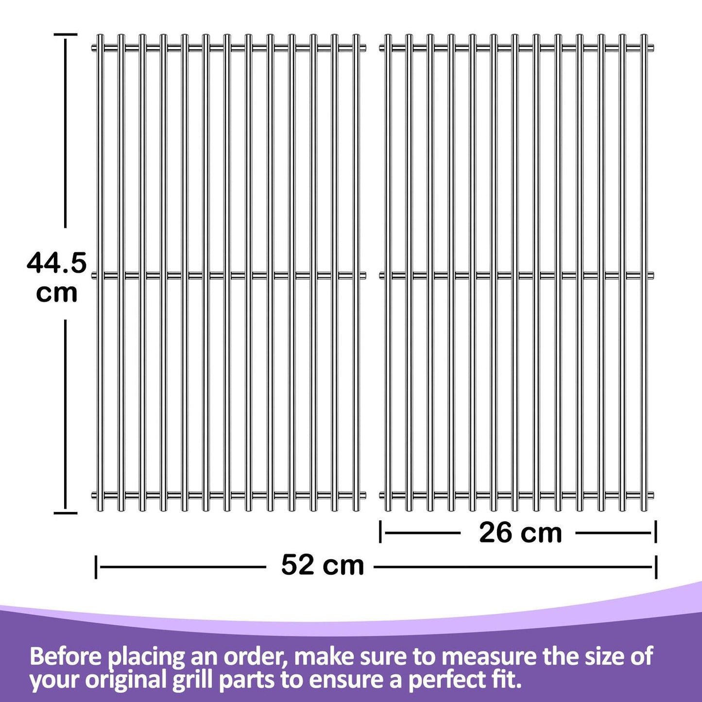 Top-down view of two 7637 stainless steel grill grates with dimensions: 44.5 cm length, 26 cm width (each), and 52 cm total width. Guides Weber Spirit E-210, E-220, S-210 owners to measure original parts for a perfect fit.