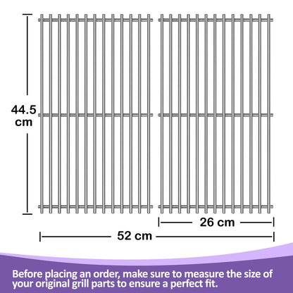Top-down view of two 7637 stainless steel grill grates with dimensions: 44.5 cm length, 26 cm width (each), and 52 cm total width. Guides Weber Spirit E-210, E-220, S-210 owners to measure original parts for a perfect fit.