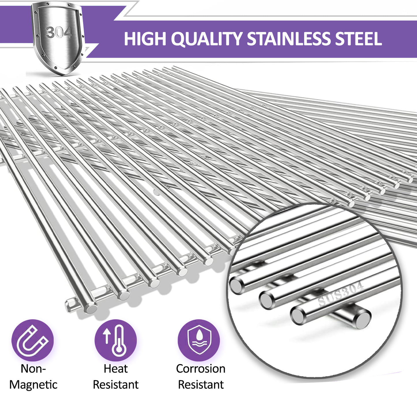 7521 / 7522, Replacement Grill Grates for Weber Spirit 200 Series (E-200, E-210, S-200, S-210), Spirit 500, Genesis Silver A & More, 38cm X 28.6 cm each, (Side-Mounted Burner Controls), Stainless Steel