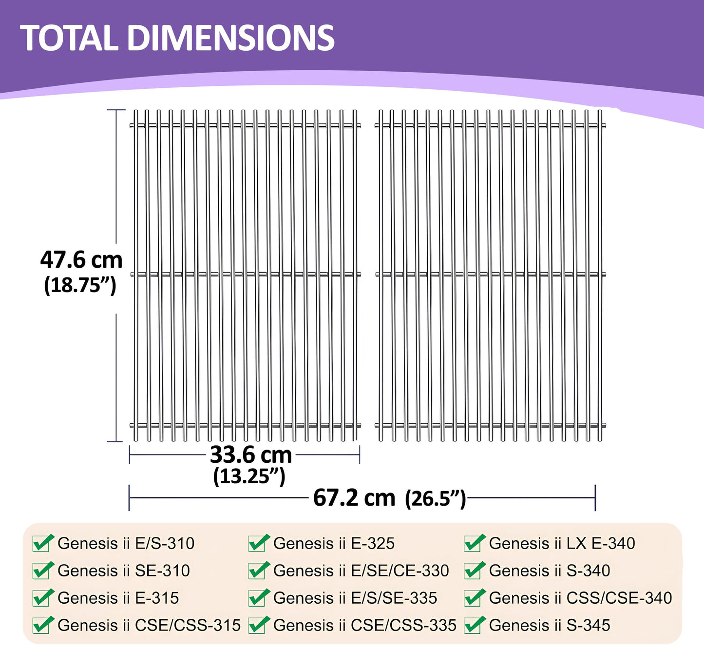66095/66802/66805 Ersatz Grillroste für Weber Genesis II 300 und Genesis II LX 300 Serie Gasgrills, 47,63 cm x 33,66 cm Edelstahl Grillroste