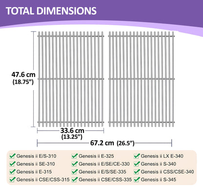 66095/66802/66805 Ersatz Grillroste für Weber Genesis II 300 und Genesis II LX 300 Serie Gasgrills, 47,63 cm x 33,66 cm Edelstahl Grillroste
