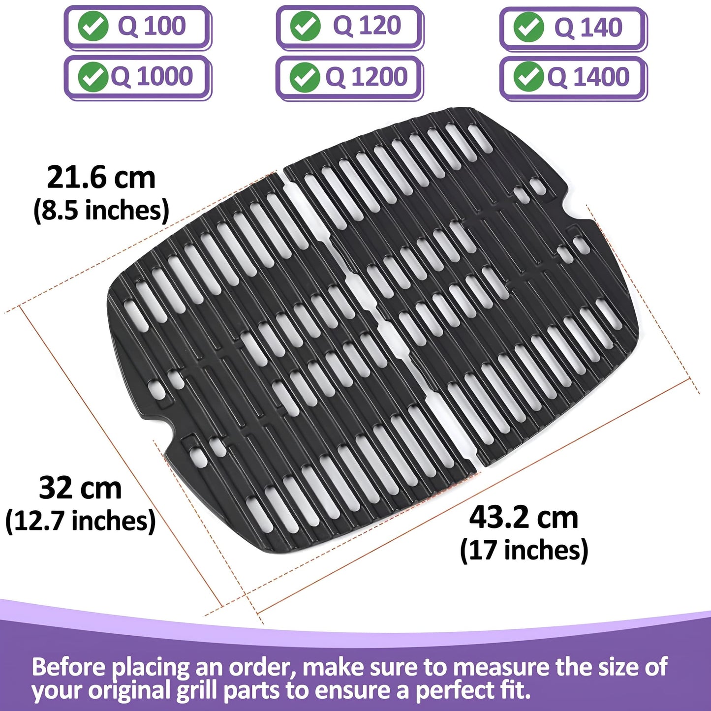 7644 Gusseiserne Grillroste für Weber Q 100/1000 Serie (Q100, Q1000, Q120, Q1200, Q140, Q1400, Baby Q) Gasgrills, Weber Q Grill Ersatzteile