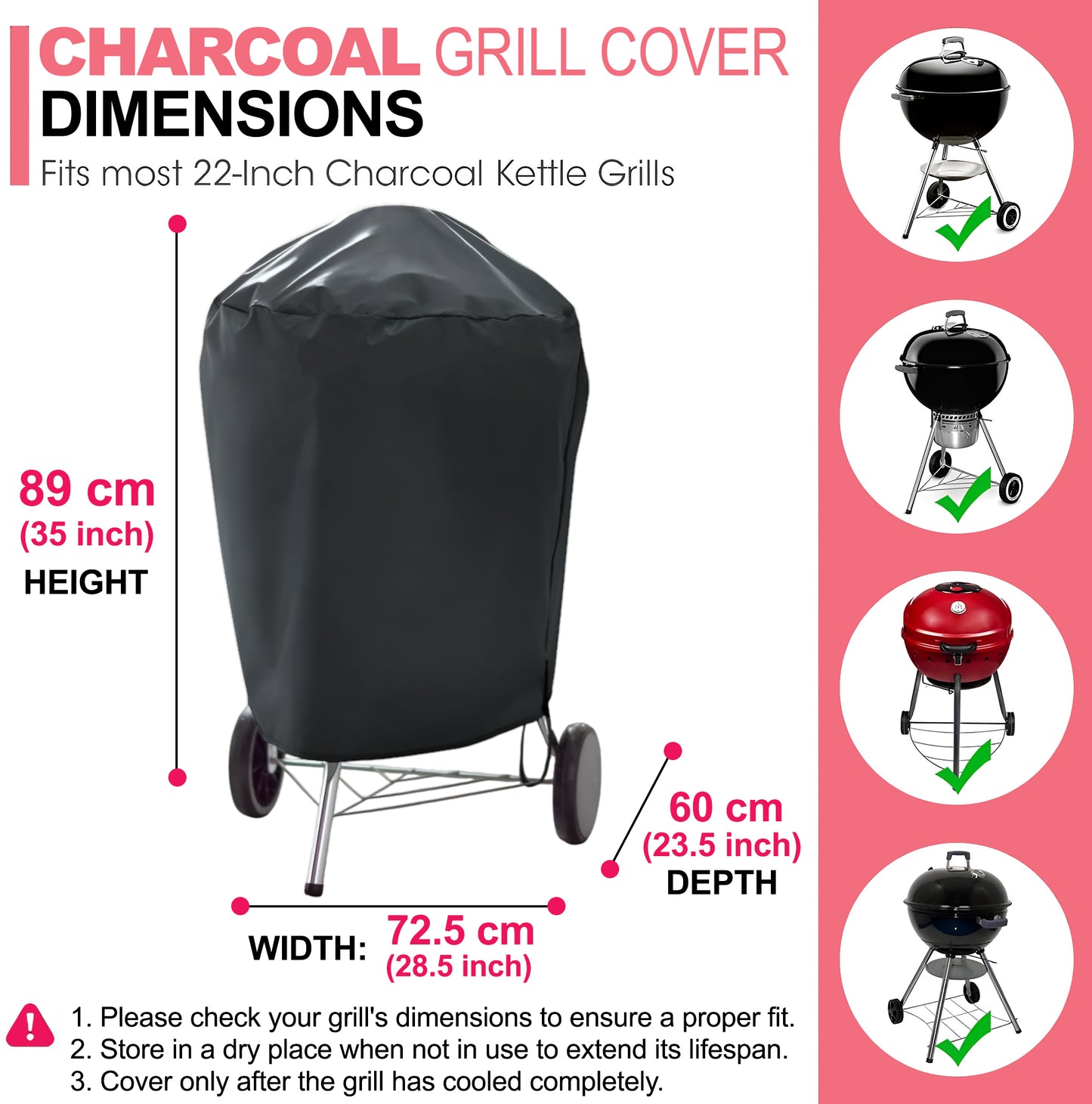 7176 BBQ Grillabdeckung für 56 cm Holzkohlegrill, 600D Oxford-Gewebe, Strapazierfähig & Wasserdicht, PU-Abdeckung für Weber 22 Zoll Master Touch Holzkohlegrill, Original Kettle Grill und mehr (72,5 B x 60 T x 89 H cm)